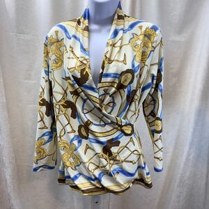 J. McLaughlin Equestrian Scarf Print Wrap Top Blue Gold White M Classic Coastal